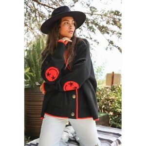 Fantastic Fawn Be Happy Black Red Oversized Cardigan Smiley Face IFKJ51711-01